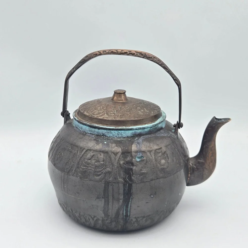 Vintage Chinese Bronze Zodiac Signs Teapot Decorative Embossed Verdigris Patina